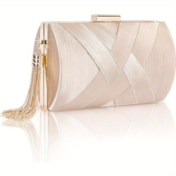 Elegant Champagne Satin Evening Clutch with Tassel - Picture 1 of 7